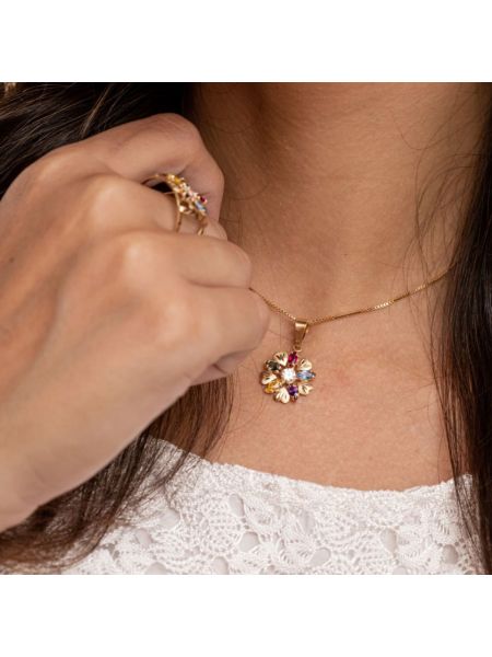 Pingente de Ouro Margarida com 6 pedras coloridas