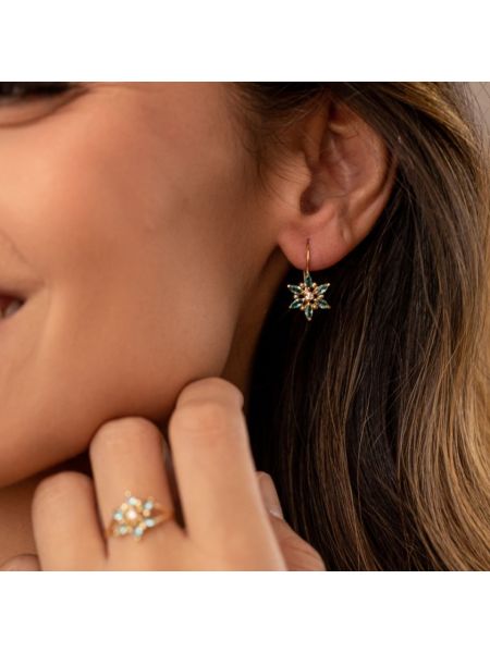 Brinco Feminino de Ouro 18k Flor com Pedras Verdes