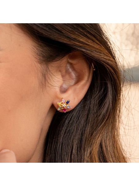 Brinco Feminino de Ouro 18k Flor com Pedras Coloridas