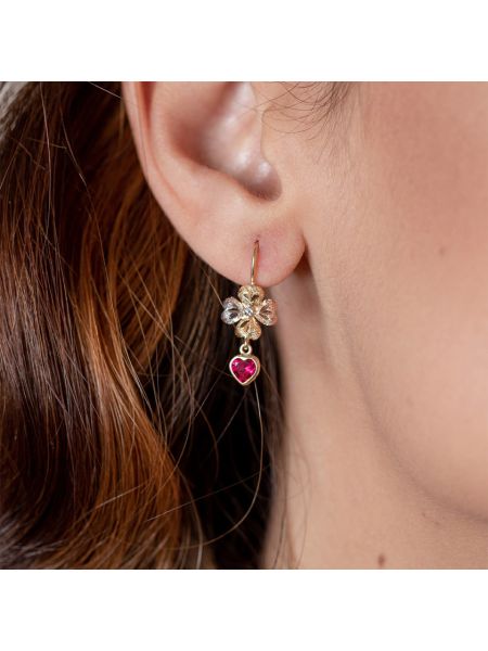 Brinco Feminino de Ouro 18k Florzinha com Rubi Sintética