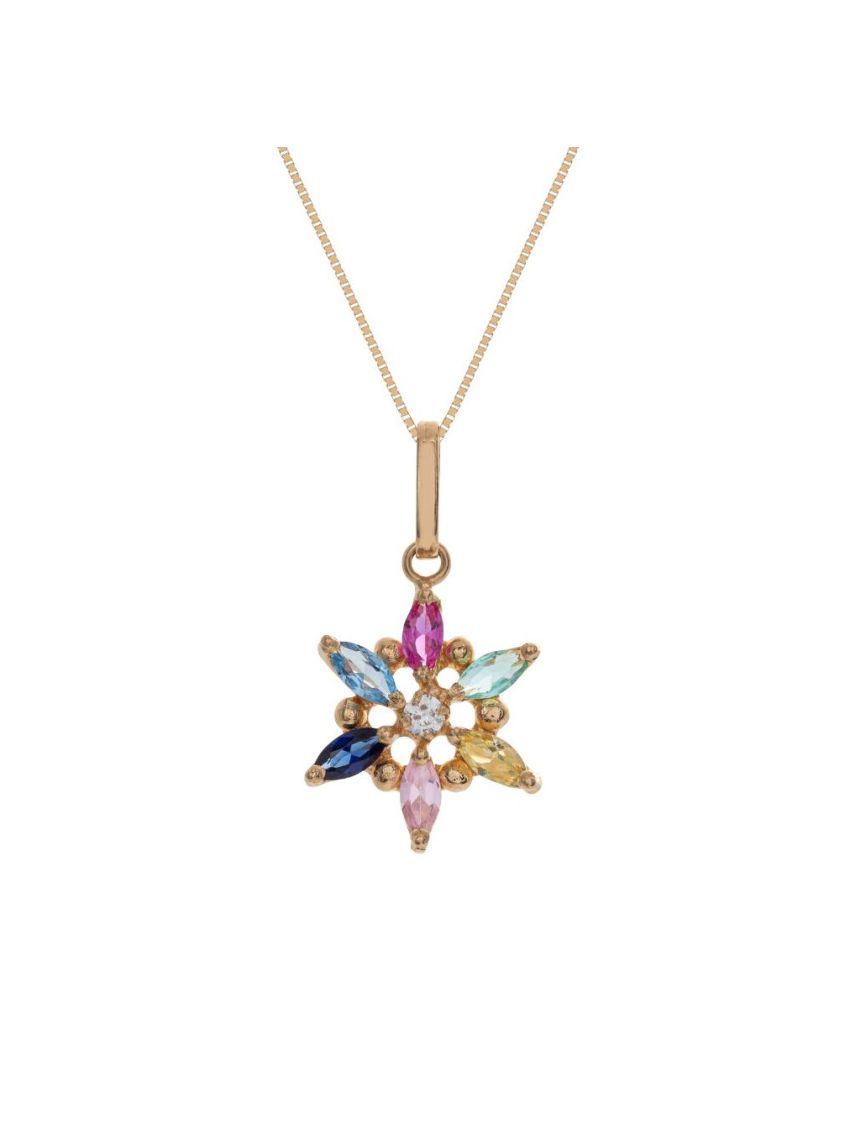Pingente de Ouro 18k Flor com 7 Pedras de Zircônia