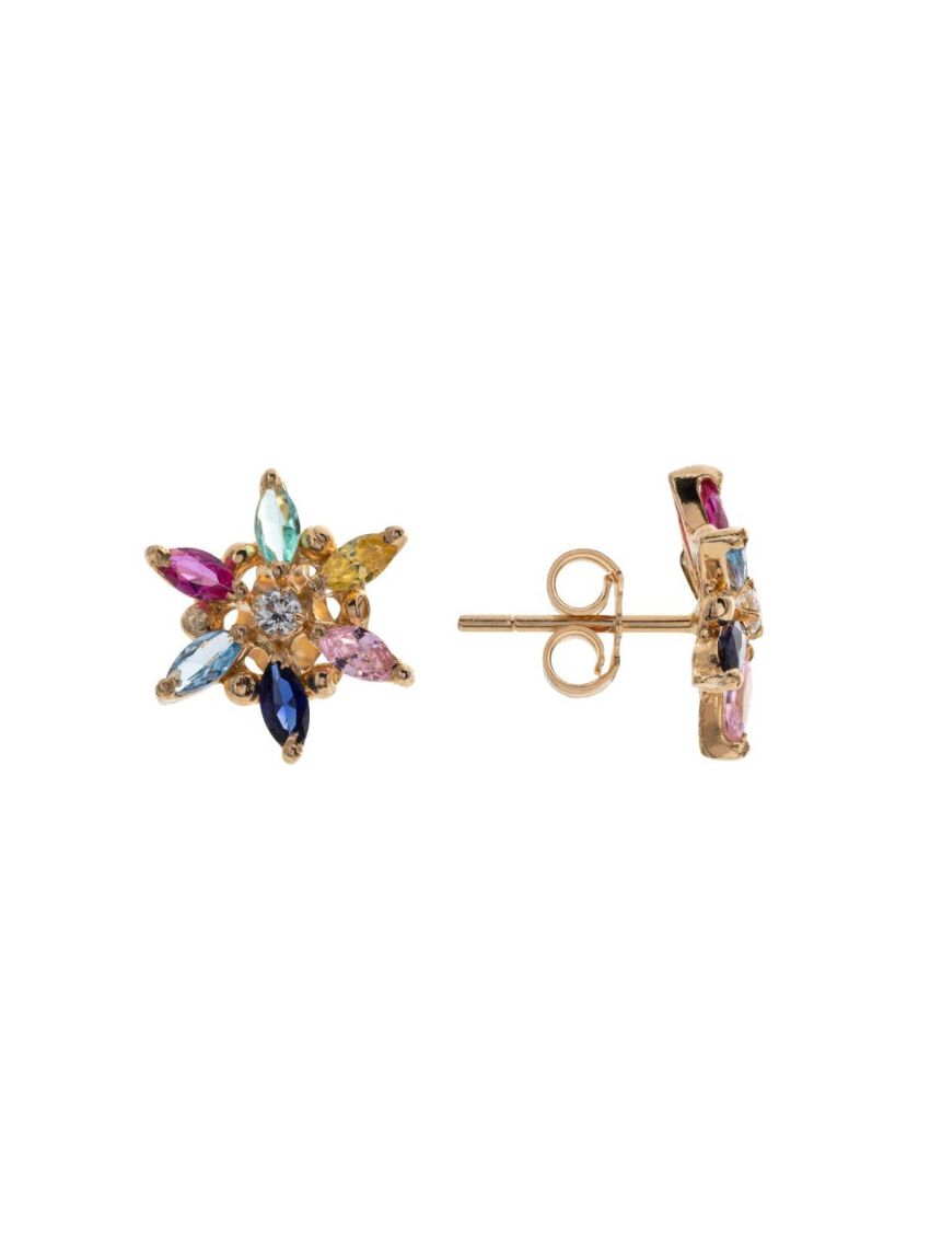 Brinco Feminino de Ouro 18k Flor com Pedras Coloridas