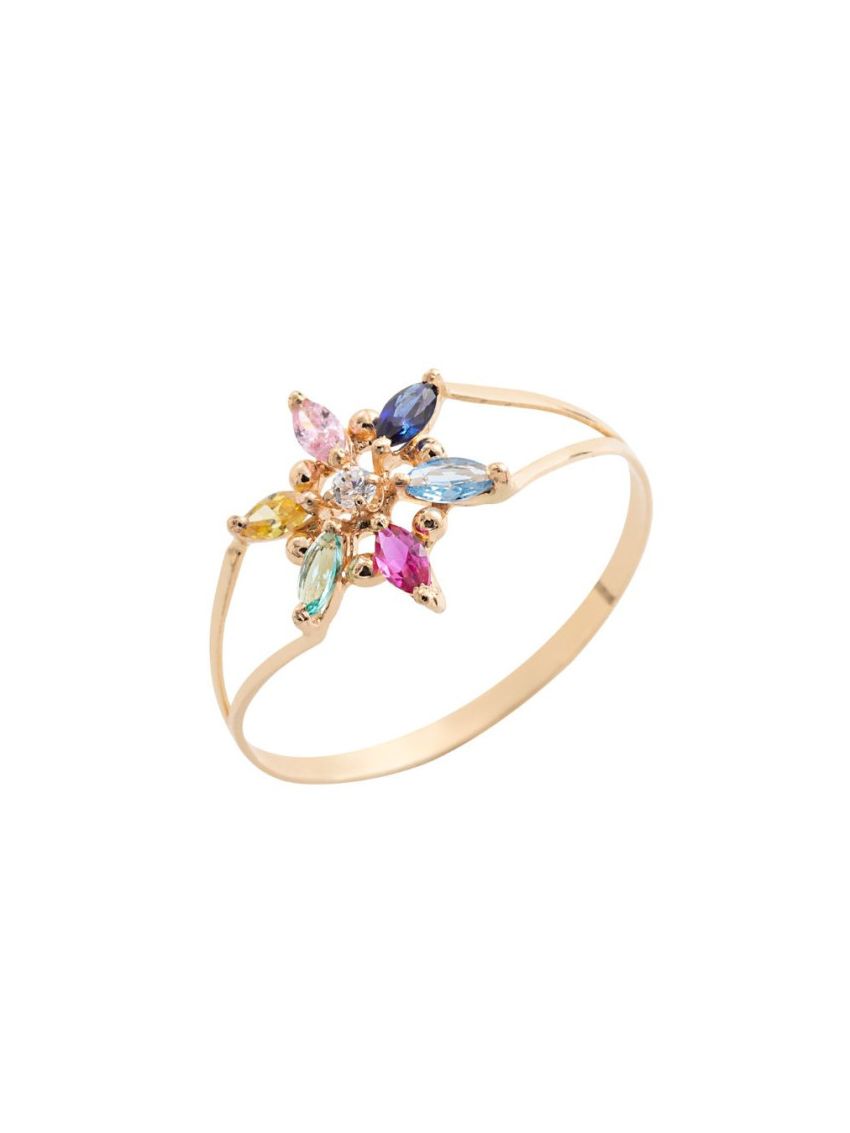 Anel Feminino de Ouro 18k Flor com Pedras Coloridas