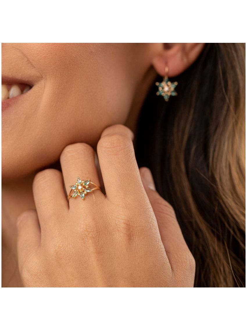 Anel Feminino de Ouro 18k Flor com Pedras Verdes