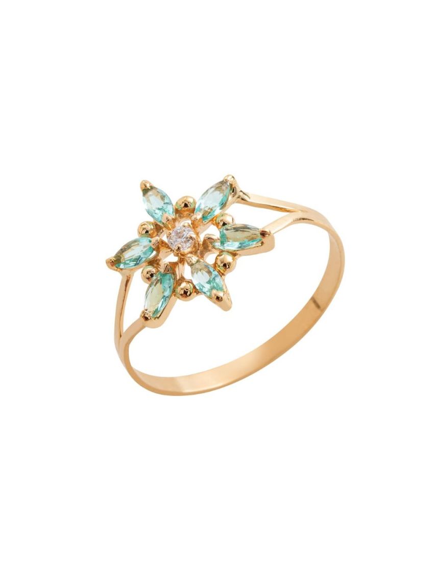 Anel Feminino de Ouro 18k Flor com Pedras Verdes