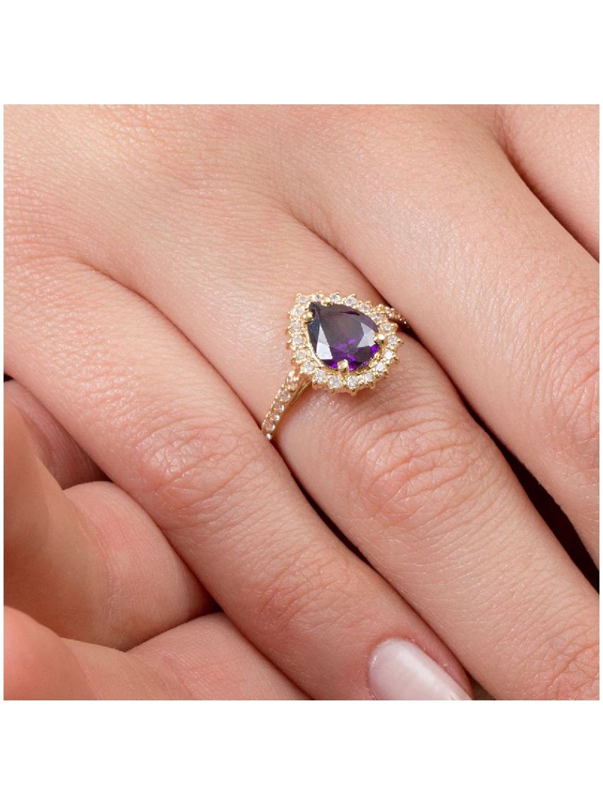 Anel de Ouro 18k e Zircônio Feminino Gota Violeta