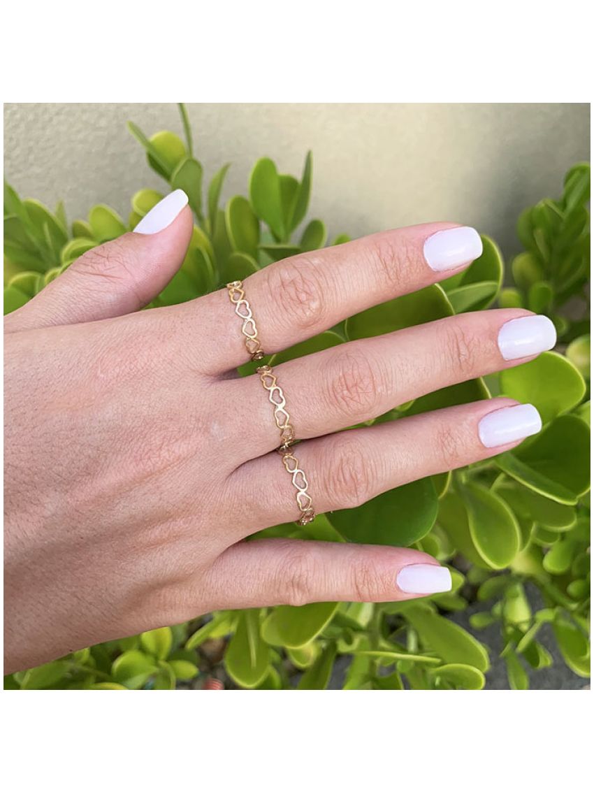 Anel de Ouro 18k Feminino Corações Vazados