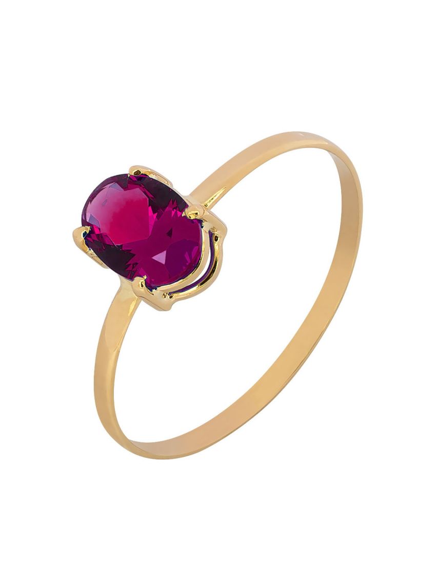 Anel de Ouro 18k Feminino Pedra Oval Rubi Sintética