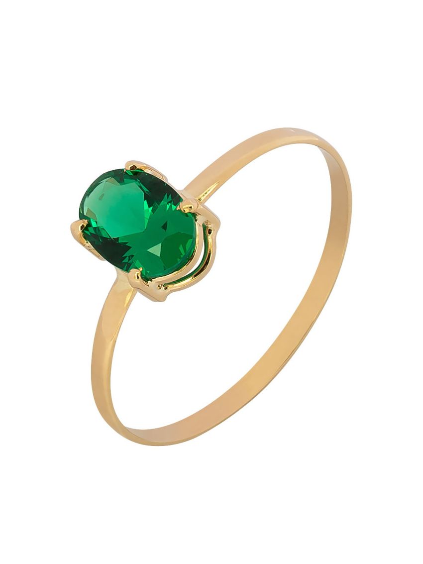Anel de Ouro 18k Feminino Pedra Oval Esmeralda Sintética